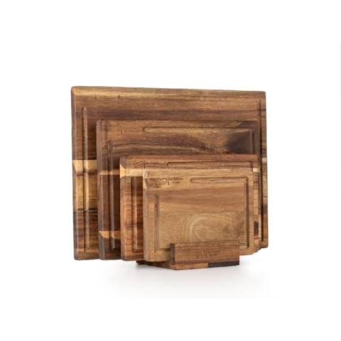 Les Plaisirs du Chef - 4er Set robuste Schneidebretter (40cm x 30cm - 33cm x 24cm - 27,5cm x 18cm - 21,5cm x 15cm) aus Premium Akazienholz - 2cm dicke Holzbretter mit Saftrille