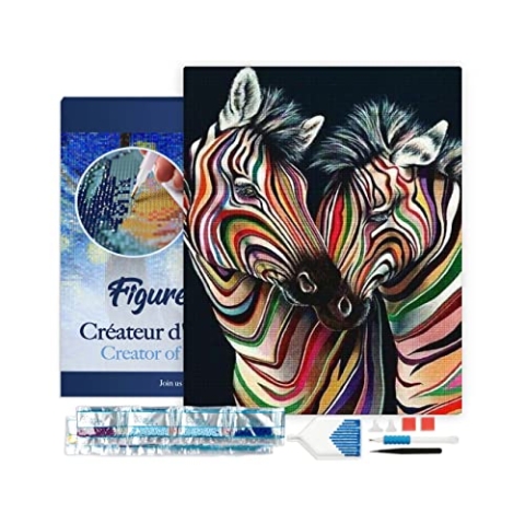 Figured'Art Diamond Painting Erwachsene 40x50cm Mit Rahmen Ganze Leinwand gespannt Buntes Zebrapaar 5D Bilder Eckige Steine - DIY Set Basteln