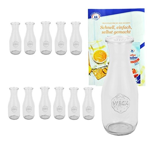 MamboCat 12er Set Weck Gläser 1062ml 1 Liter Saftflasche mit 12 Glasdeckeln inkl. Gelierzauber Rezeptheft I Original Weck Glasflasche I Einweckflaschen mit Deckel für Säfte Saucen Öle UVM
