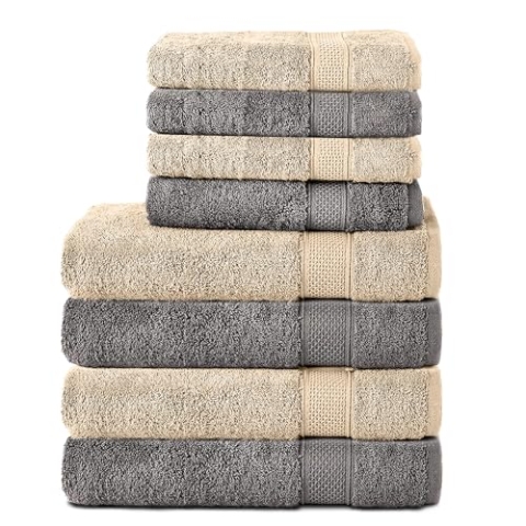 Komfortec 8er Handtuch Set aus 100% Baumwolle, 4 Badetücher 70x140 und 4 Handtücher 50x100 cm, Frottee, Weich, Towel, Groß, Anthrazit/Beige