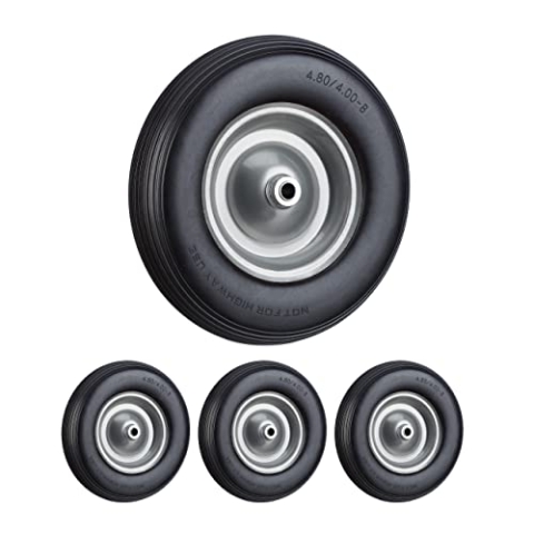 Relaxdays 4 x Schubkarrenrad Vollgummi mit Achse, 4.80 4.00-8 Gummirad im Set, pannensicher, Ersatzrad bis 100kg, schwarz-grau