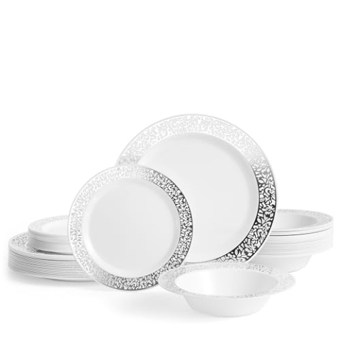 MATANA 75 Stück Plastikteller & Plastikschalen Set, Weiß mit Silberrand – 25 Essteller, 25 Dessertteller, 25 Schüsseln – Elegant & Mehrweg Partygeschirr für Partys, Hochzeiten, Geburtstage