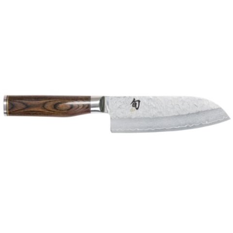 KAI Shun Premier Tim Mälzer Santoku 14 cm Klingenlänge - VG-MAX Kern 61 (±1) HRC, 32 Lagen Damast hochglanzpoliert - Pakkaholz mittelbraun gemasert- Hammerschlagoberfläche - Made in Japan