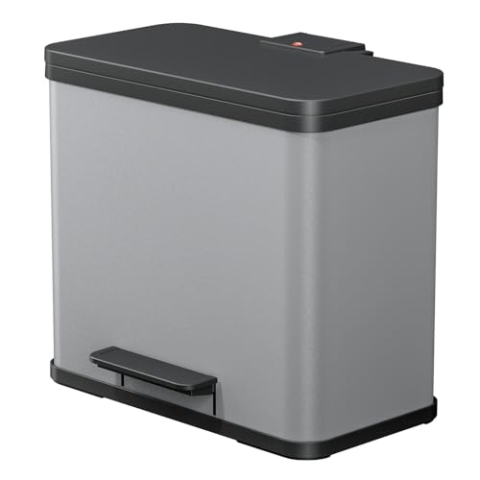 Hailo Öko trio Plus L Tret-Mülltrenner - freistehender 3 x 9 Liter Dreifachmülleimer aus Stahlblech - Mülltrennsystem mit soft close Deckel - 3-fach Abfalltrenner für die Küche - Silber