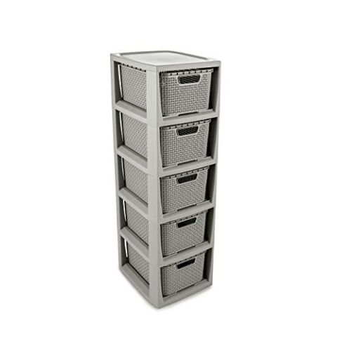 BranQ - Home essential Regal in Rattan Design, BPA-freie Kunststoff PP, Hellgrau, 29,5 x 24 x 80 cm, 5 Körben