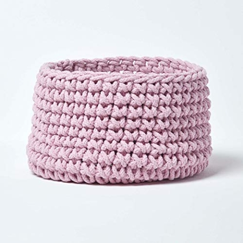 HOMESCAPES gestrickter Aufbewahrungskorb in rosa, runder Strickkorb/Stoffkorb 37 x 21 cm aus 100% Baumwolle mit Grobstick-Optik