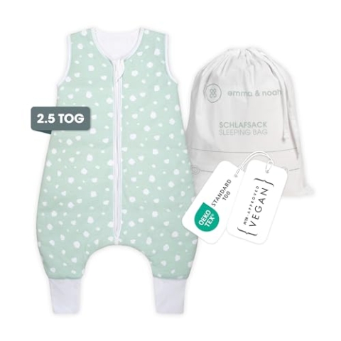 emma & noah Baby Schlafsack mit Füßen 2.5 TOG, Strampelsack für den Herbst und Winter, Bio-Baumwolle, OEKO-TEX Zertifiziert, Kuscheliger Schlafsack für Neugeborere (Punkte Mint, 110 cm)