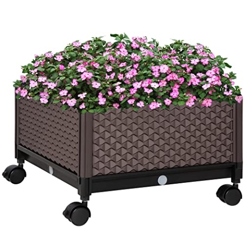 Outsunny Hochbeet 1-teilig mit Rollen Pflanzkasten mit Abflusslöchern Blumenkasten Blumenkübel Kunststoff Braun 50 x 50 x 33 cm