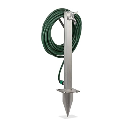 Relaxdays Wasserzapfstelle, mit Erdspieß & Schlauchhalter, HBT 66x30x15 cm, Garten Wassersäule, eckig, Edelstahl, Silber