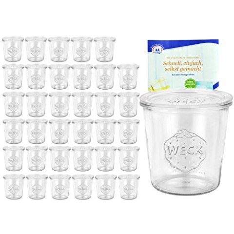 MamboCat 36er Set Weck Gläser 580ml 1/2 Liter Sturzgläser mit 36 Glasdeckeln inkl. Gelierzauber Rezeptheft von Diamantzucker I Original Weck Sturzglas I Einweckgläser mit Deckel für Kuchen Gelees