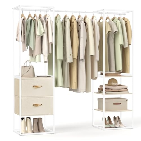 SONGMICS Kleiderständer, offener Kleiderschrank, Garderobenständer hochbelastbar, 1 ausziehbare Stange, 2 Schubladen, 4 Ablagen, für Schlafzimmer, platzsparend, naturbeige RGR003W67