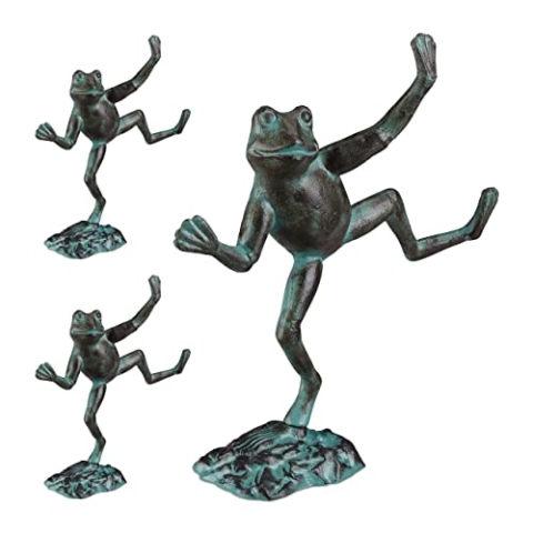 3 x Gartenfigur Frosch, wetterfest, innen & außen, Balkon, Terrasse, am Teich, Dekofigur, Gusseisen, Größe L, grün