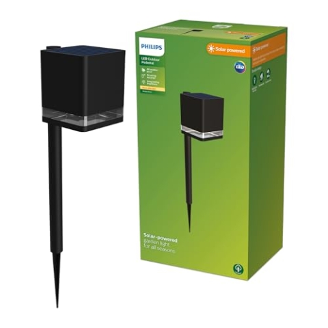 PHILIPS Virona Solar-Sockelleuchte für den Außenbereich, 2700K warmweißes Licht, 200 Lumen, Schwarz