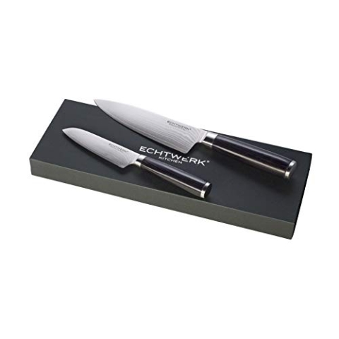 Echtwerk Damaszener Messer Set, 2-TLG, Kochmesser/Küchenmesser, Santokumesser/traditionelles japanisches Messer, Damaststahl, Glattschliff, ergonomische Messergriffe aus Pakka-Holz, Aufbewahrungsbox