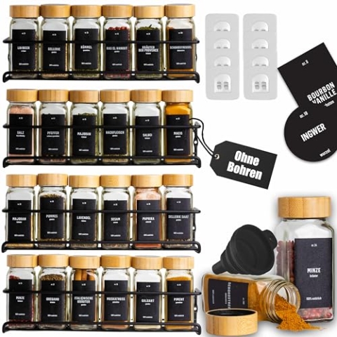 Deco haus® Gewürzregal Wand ohne Bohren [MIT 24 GEWÜRZGLÄSER & ETIKETTEN] - Gewürzregal Hängend 4er Set - Gewürzregal Ohne Bohren Schwarz - Gewürzhalter - Gewürzregal Schranktür - Spice Rack Organizer