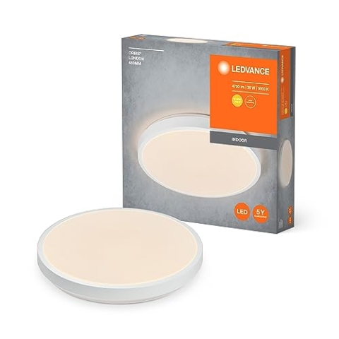 LEDVANCE ORBIS LONDON LED-Deckenleuchte 480mm, weiß, 36W, 4150lm, warmweiße Lichtfarbe, sehr homogene Lichtverteilung, lange Lebensdauer, fest verbautes LED-Modul, rund, IP20 Schutzklasse, 3000K