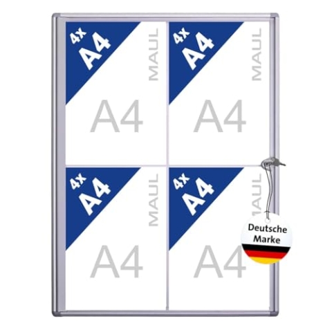 MAUL Schaukasten A4 MAULextraslim | Schaukasten Vitrine mit 4x DIN A4 Seiten | Infotafel mit Aluminiumrahmen und Glastür | Platzsparende flache Bauweise | Abschließbar mit Schloss | Aluminium