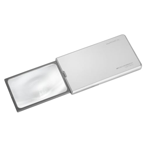 Eschenbach Optik easyPocket XL Lupe im Scheckkartenformat mit 2,5X Vergrößerung, LED-Beleuchtung und eingebauter Halterung in Silber