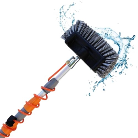 Aquascopic Teleskopstange mit wasserdurchlässiger 5 Flächen Bürste und externem Wasserschlauch – Längenverstellbarer Reiniger für Fenster und Sonnenkollektoren - Bis zu 8m