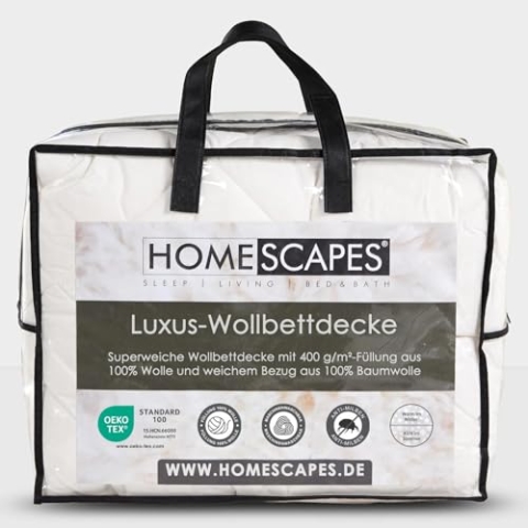 Homescapes Schwere Bettdecke Schafwolle 240x220 cm, Herbst/Winter-Bettdecke mit Wollfüllung & Baumwollbezug, Wollbettdecke mit 400 GSM Füllung, Oeko-TEX Standard 100