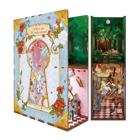 Tonecheer DIY Book Nook Kit 3D Holzpuzzle Modellbausatz für Erwachsene, Miniatur Haus Kit mit Licht Booknook Kit Bastelset Personalisierte Geschenke für Frauen und Männer (Alice im Wunderland)