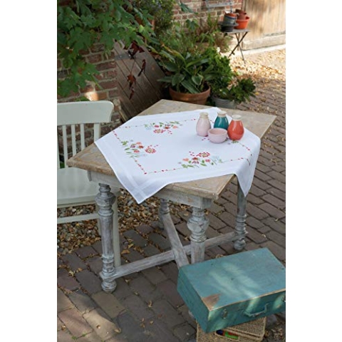 Vervaco Stickpackung Tischdecke Sticken Set Erwachsene Vorgedruckt Blumen Stickdecken Vorgezeichnet Decke Sticken Stickpackung Plattstich 80 x 80 cm Stoff zum Sticken Kreatives Geschenk