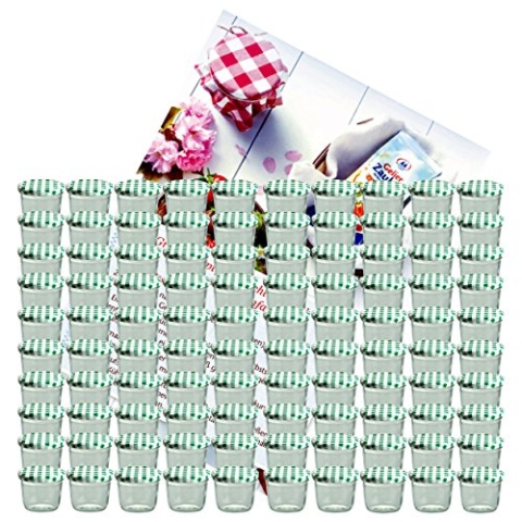 MamboCat 100er Set Sturzglas 230 ml Marmeladenglas Einmachglas Einweckglas To 82 grün karierter Deckel incl. Diamant-Zucker Gelierzauber Rezeptheft