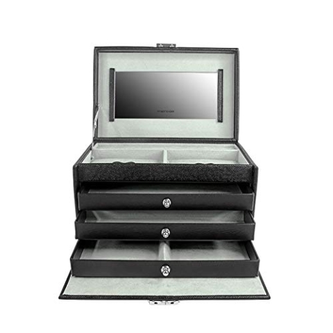 Friedrich23, Schmuckkoffer, Feinsynthetik, 24 x 15 x 16 cm, Rechteckig, Abschließbar, Mit Spiegel, Jolie 2.0, Kreuznarben-Optik, Schwarz, 23256-21