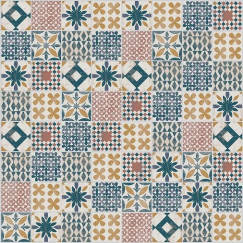 ARTENS - PVC Bodenbelag - Click Vinyl-Fliesen Bahia - Vinylboden - Intenso - Zementfliesen Muster - Blau/Rosa/Gelb - L.61 cm x B.30,5 cm - Dicke 4,5 mm - 1,49 m²/ 8 Fliesen - Belastungsklasse 33