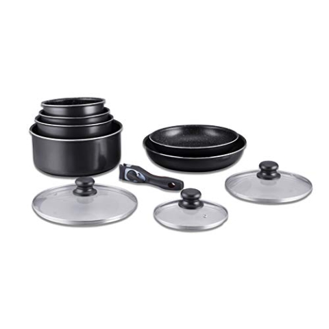 Herzberg Kochgeschirr-Set - Induktionstopf-Set - Alle Heiztopf- und Pfannen-Set - Steinbeschichtung Kochgeschirr-Set mit abnehmbarem Griff 10-teilig HG-5000 schwarz