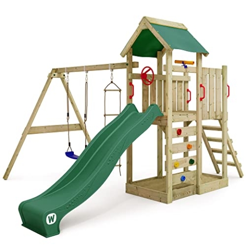 WICKEY Spielturm Klettergerüst MultiFlyer mit Schaukel & grüner Rutsche, Outdoor Kinder Kletterturm mit Sandkasten, Leiter & Spiel-Zubehör für den Garten