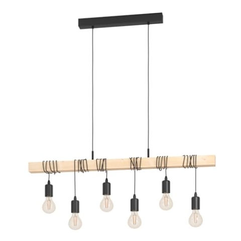 EGLO Pendellampe Townshend, 6 flammige Vintage Pendelleuchte im Industrial Design, Retro Hängelampe aus Stahl und Holz, Farbe: Schwarz, braun, Fassung: E27