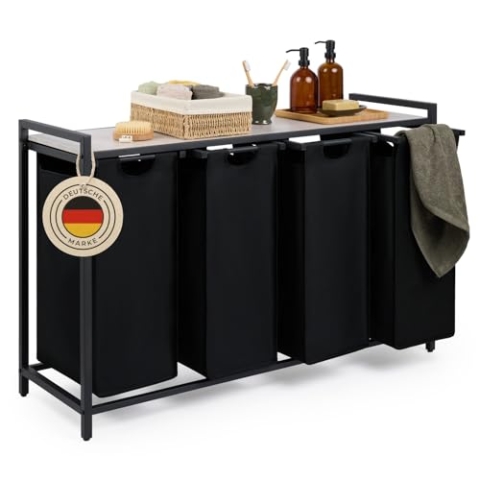 Blumtal Wäschesammler 4 Fächer Schwarz - Wäschekorb mit Ablage in Beton-Optik - Wäscheschrank mit Metall-Rahmen in Schwarz - Wäschekorb mit Beinen - Wäschesortierer 4 Fächer - Wäschetrenner Wäsche