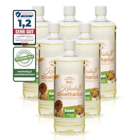 KieselGreen Bioethanol 6 x 1 Liter mit Duft für Ethanol-Kamin, viele Sorten - Bio Ethanol als Raumduft in vielen Duftnoten - Parfüm für Bio Ethanol Kamin Indoor oder Bioethanol Tischfeuer (Cookies)