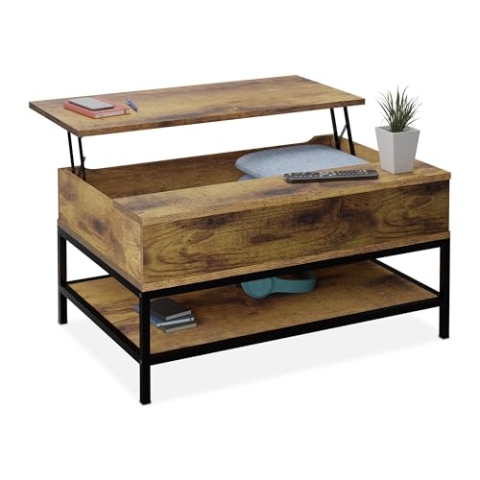 Relaxdays Couchtisch aufklappbar, mit Ablage, Wohnzimmertisch mit Stauraum, Holzoptik, HBT: 45,5x90x60 cm, braun/schwarz