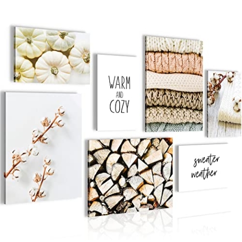 Novart Wandbilder Boho Herbst - KOMPLETT AUFHÄNGFERTIG - Beige Vintage Wohnzimmer Schlafzimmer Flur - 7 Moderne Mood-Bilder - N008171a