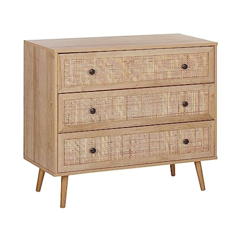 Beliani Moderne Kommode rechteckige Form 3 Rattan-Schubladen Heller Holzfarbton Ponca
