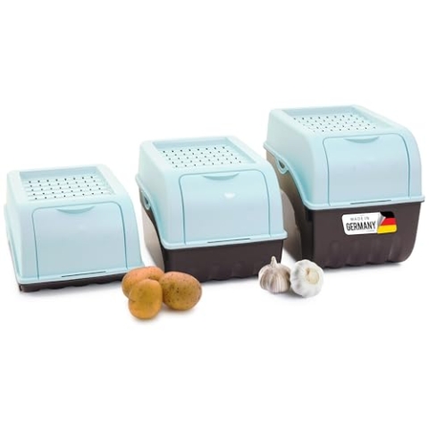 Novaliv Kartoffel Aufbewahrungsboxen Set | 3,5L + 5L + 9L | TÜRKIS | Kartoffelboxen | Gemüseboxen stapelbar Zwiebelboxen Kartoffelkörbe Obstbehälter Kartoffelkisten Frischhaltedosen