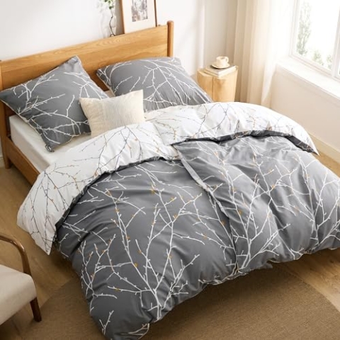 BEDSURE Bettwäsche 135x200 Baumwolle 4teilig - Bettwäsche-Sets Grau Bettbezug 2er Set mit 2 Kissenbezüge 80x80 cm, ÖKO-TEX Wendebettwäsche Bedding Zweige Muster mit Reißverschluss