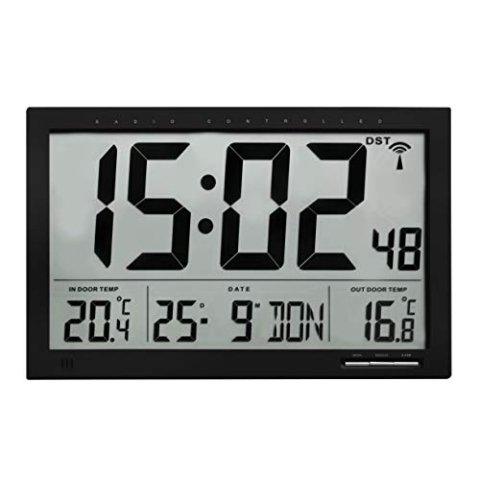 TFA Dostmann Digitale XL-Funkuhr, mit Außen-und Innentemperatur, Wanduhr, gut ablesbar, schwarz, 60.4510, L 370 x B 29 (90) x H 230 mm, 60.4510.01