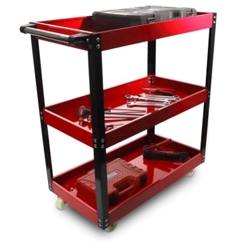 Roog Performance Werkstattwagen 3-stufig, robuster Werkzeugwagen mit Rollen, Werkzeugablage für Garage & Werkstatt, mobiler Metallwagen, Stabiler Werkzeugkarren mit Griff