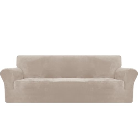 MAXIJIN Thick Velvet Sofabezüge 3-Sitzer Super Stretch rutschfeste Couchbezug für Hunde Katze Haustierfreundlich 1-teilige elastische Möbel Protector Plüsch Sofa Schonbezüge (3 Sitzer, Khaki)