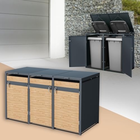 ML-Design Mülltonnenbox 3er 3 Tonnen 240L 200x80x116,3cm Anthrazit-Lärchenoptik Stahl, wetterfest/abschließbar Mülltonnenverkleidung Klappdeckel/3 Türen, Müllbox Mülltonnecontainer Mülltonnenabdeckung