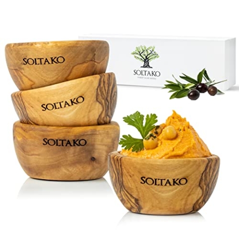 SOLTAKO Olivenholz Dip Schälchen 4er Set The Dipper 6cm, kleine Oliven Holz Schale (4x)