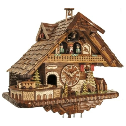 Engstler Kuckucksuhr 'Großes Schwarzwaldhaus' mit Musik, Tänzern und beweglichem Zug, Quarz, Nußbaum, 38 cm x 43 cm