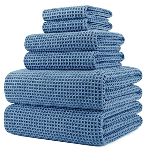 Polyte - Handtuch-Set - schnelltrocknende & fusselfreie Mikrofaser - Waffelstruktur - sehr groß - Blau - 152 x 76,2 cm - 6-teilig