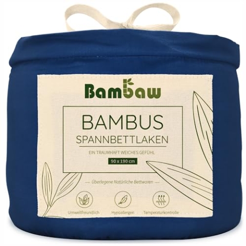 Bettlaken Blau | Leintuch 90x190 cm | Bamboo Spannbettlaken | Bettwäsche Kühlend Sommer und Winter | Weiche Spannbetttücher | Allergiker Bettwaesche | Bambaw