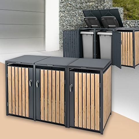 ML-Design Mülltonnenbox 3er 3 Tonnen 240L 200x80x116,3cm Anthrazit-Lärchenoptik, Stahl wetterfest/abschließbar Mülltonnenverkleidung Klappdeckel/3 Türen, Müllbox Mülltonnecontainer Mülltonnenabdeckung