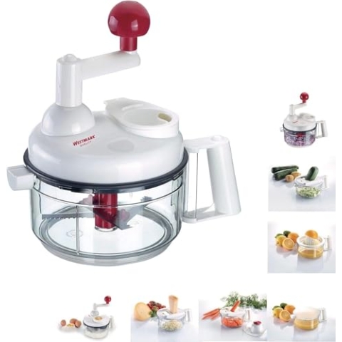 Westmark Manuelle Küchenmaschine, 9 in 1: Hobel, Reibe, Raspel, Schneider, Zitruspresse, Schaumschläger, Eidottertrenner, inkl. 11 Zubehörteile, Rostfreier Edelstahl/Kunststoff, Weiß/Transparent/Rot