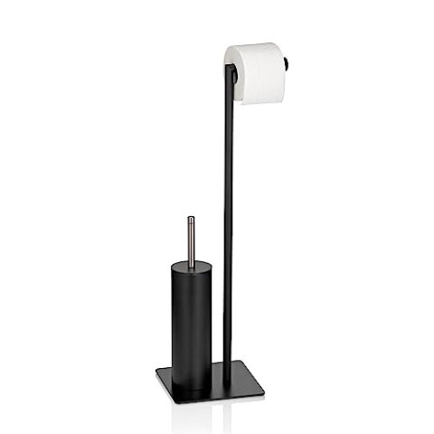 kela WC Garnitur mit Toilettenpapierhalter und Bürstentopf 71cm, Toilettenbürste schwarz mit geschlossenem Klobürstenhalter Style, Metall matt